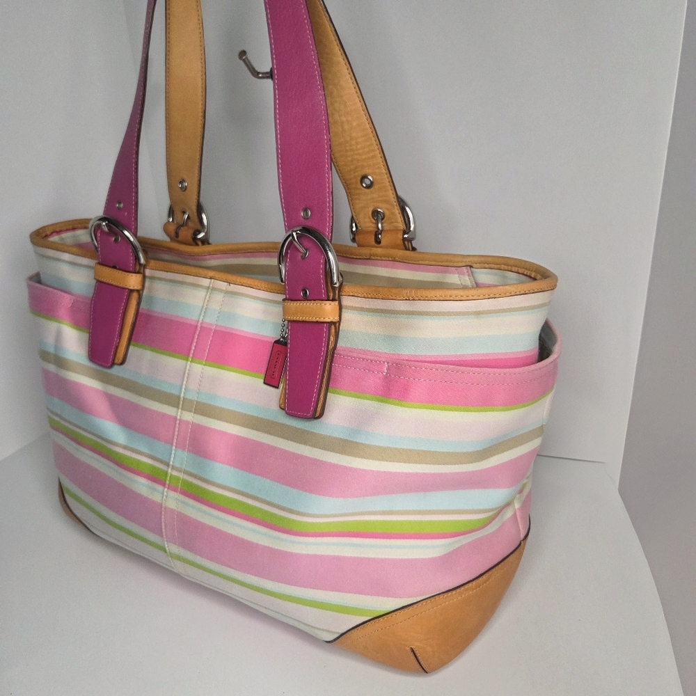 Coach Y2K Hamptons Pastel Striped Canvas & Leather Oversized Tote Bag #5177 - Picture 7 of 11